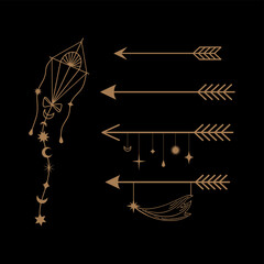 Magic symbolic art in boho style. kite, Arrow, feather, moon, crystal, beads