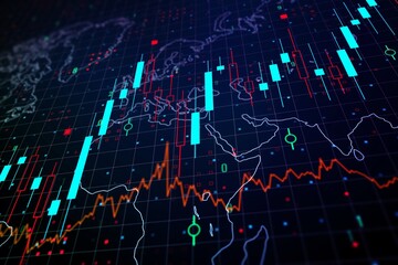 Abstract financial diagram with world map on blue background, banking and accounting concept. 3D Rendering