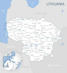 Blue-gray detailed map of Lithuania administrative divisions and location on the globe. Vector illustration