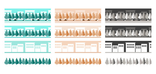 Seamless pattern vector of modern flat townscape. Urban street background, cityscape border.
