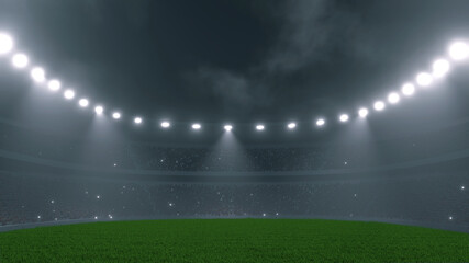 3D Rendering of soccer sport stadium, green grass during night match with crowd of audience and bright led spot lights and camera flashes