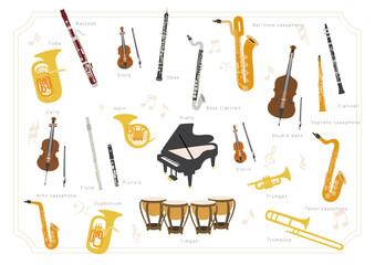 Set of vector modern flat design musical instruments. A group of orchestra instruments. - obrazy, fototapety, plakaty