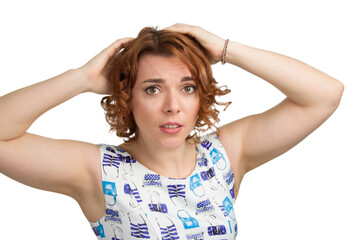 Portrait of a young redheaded overweight girl on a white background isolated