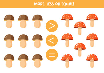 Math game for kids, More, less or equal with forest mushrooms.