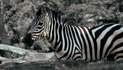 Fototapeta na wymiar Zebra in black and white, behind a rock, at the Yokohama zoo.
