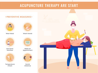 Acupuncture Therapy Are Start Poster Design With Preventive Measures Details And Woman Receiving Cupping Treatment on Back During Coronavirus Pandemic.
