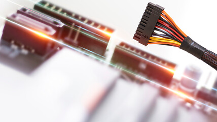 Computer motherboard with small parts, components for computer assembly and repair. Tech background, neon light. Close-up.