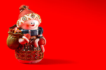 Christmas toys , snowman, Happy New Year 2021, Merry Christmas, on a red blackground, horizontal