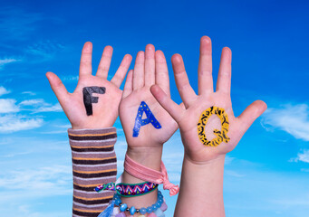 Children Hands Building Colorful English Word FAQ. Blue Sky As Background