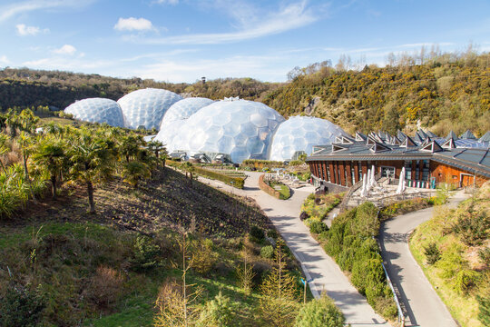 St Austell, UK: April 13, 2016: View of the biomes at the Eden Project. Inside the biomes, plants from many diverse climates and environments have been collected and are displayed to visitors.