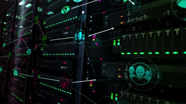 Servers room with symbols of social scoring, privacy, personal surveillance, cyber supervise and information spying technology. Futuristic digital loopable and seamless 3d rendering concept animation.