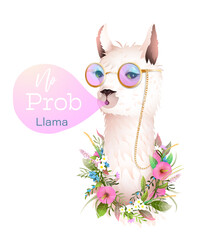 No Prob says hipster Lama blowing bubble from chewing gum, trendy quote t shirt design with hipster alpaca wearing golden sunglasses and flowers. Cool apparel vector design with artistic animal meme.