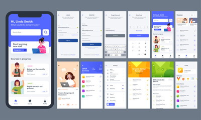 Online Learning Mobile App UI Kit With Different GUI Layout Including Log In, Create Account, Course Information Screen. - obrazy, fototapety, plakaty