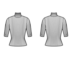 Turtleneck ribbed-knit sweater technical fashion illustration with elbow sleeves, close-fitting shape. Flat sweater apparel template front, back white color. Women, men unisex shirt top CAD mockup