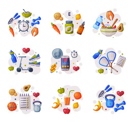 Sports and Healthy Lifestyle Set, Various Fitness and Sport Equipment, Nutritious Food Cartoon Style Vector Illustration