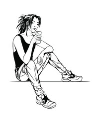 Young man sitting on staircase holding mobile phone 