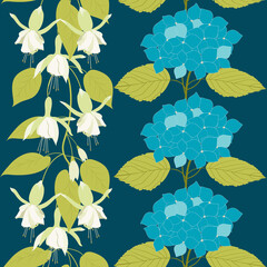 Seamless vector illustration with hydrangea and fuchsia flowers