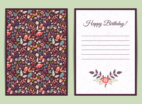 Cute gentle card with floral pattern. Doodle flowers and leaves. Vector blooming floral texture for card, invitation, wedding, baby shower, birthday, bridal or hen-party. Vector with pink, purple