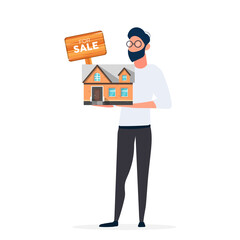 The guy offers to buy a house. Selling a home or real estate. For Sale sign. Vector.