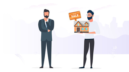 The guy offers to buy a house. A businessman is thinking about buying a house or real estate. For sale sign. Vector.