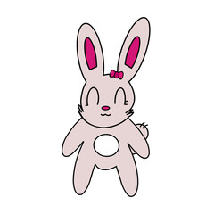 Funny hare sticker. Rabbit with a pink bow. Suitable for postcards, stickers, T-shirts and children's books. Isolated, vector.