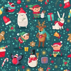 Christmas characters seamless pattern. Santa Claus helpers, deer and snowman, elf and bear winter childish xmas design for wallpaper, textile and wrapping paper, vector texture