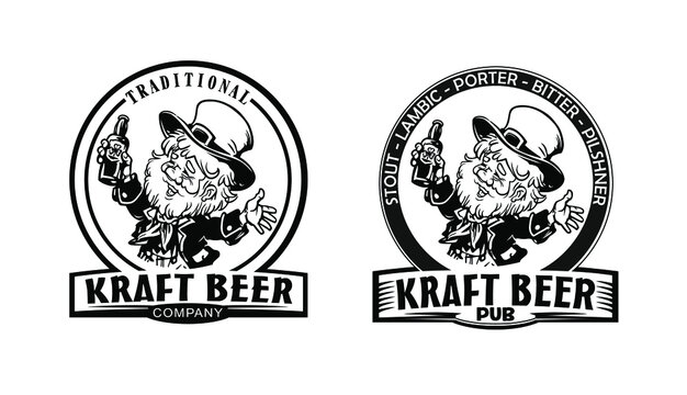 Logo design with beer bottle. Designed to label, emblem or badge for brewery, beerhouses and pubs. Men holding beer, logo illustration