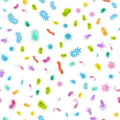 Bacteria germ seamless pattern. Monster viruses, biological allergy microbes and microscopic bacterias. Creative design textile, wrapping paper, wallpaper vector texture on background