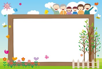 A frame with a framed background of writing with trees, flowers, and families.Vector source for moving and editing individual images.