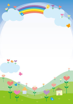 The background of clouds and rainbows and flowers blooming on the mountains.A good frame for children's notifications.Vector source for moving and editing individual images.