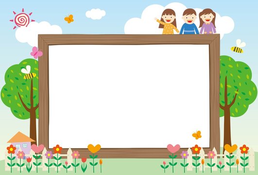 A frame in which a writing background with trees, flowers, and children is framed. A good frame for children's notifications.Vector source for moving and editing individual images.