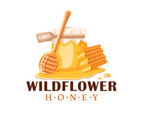 Glass pot with honey, spoon with drips honey and honeycomb