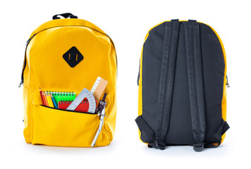 Schooll backpack front and back view on isolated white background