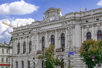 Kharkiv, Ukraine - July 20, 2020: Kharkiv Motor Transport Technical School on Konstytutsiyi Square 28, close-up. Land Bank building in the Neo-Renaissance style (1896-1898). Architect - Alexei Beketov