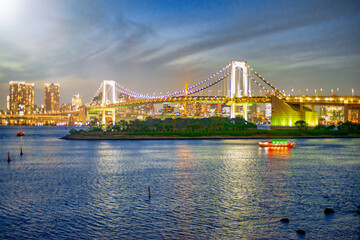 Night view of Rainbow Bridge in Odaiba, Tokyo