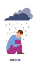 Desression mental disorder. Sad man under raining clouds, negative emotions before psychotherapy concept, cartoon flat vector isolated illustration