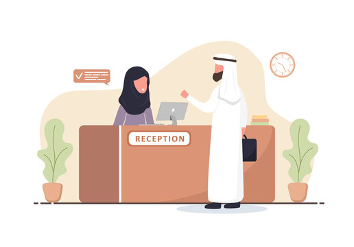 Reception Interior. Arabic Woman Receptionist In Hijab. Arab Man At Reception Desk. Hotel Booking, Clinic, Airport Registration, Bank Or Office Reception Concept. Cartoon Flat Vector Illustration.