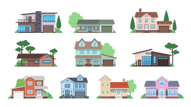 Cottages. Home facades, cottage or suburban townhouse, front view family houses, architecture real estate modern design flat vector set