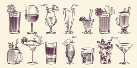 Sketch cocktails. Hand drawn different cocktail, alcohol drink in glass for party restaurant menu, cold mojito, tropical pina colada and margarita, engraving style vector isolated set