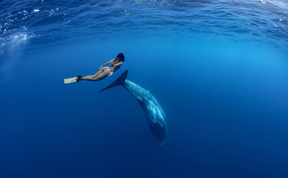 Underwater Shot Of A Fit Sport Girl Swimming And Diving With Sperm Whale In Deep Blue Ocean Water, The Sperm Whale Or Cachalot (Physeter Macrocephalus)