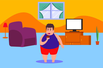 Bad habit vector concept: Overweight  boy eating chocolate bar at home