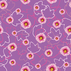 Hollyhock flower heads seamless vector pattern in vibrant colors. Summertime surface print design for fabrics, textiles, gift wrapping paper, scrapbook, stationery, and packaging.
