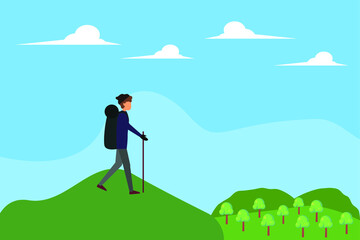 Trekking or hiking vector concept: man hiking climbing the hills with a trekking pole