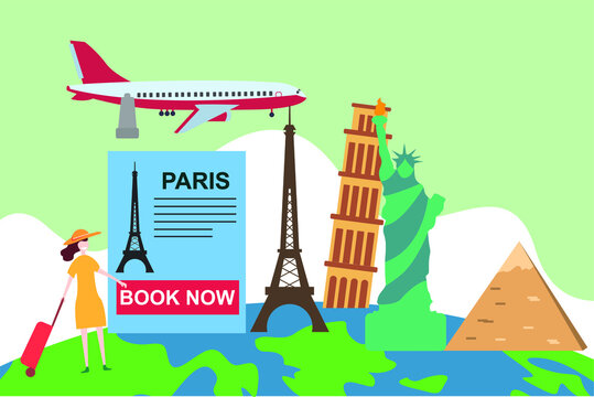 World travel vector concept: Paris promotion flyer over the globe filled with world landmark icons - Powered by Adobe