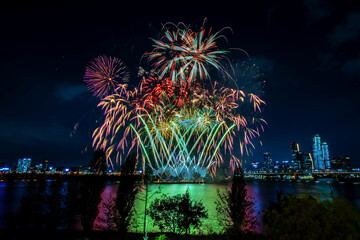 Beautiful Fire works show and reflection on the river,