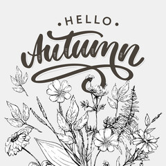 Hello, Autumn. Goodbye, Summer. The trend calligraphy. Vector illustration on the background of autumn leaves. Concept autumn advertising.