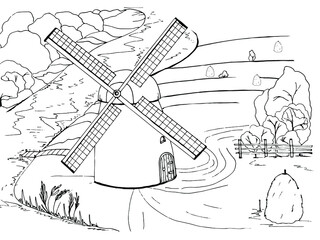 Anti-stress coloring is a black and white vector drawing drawn by hand. Illustration of a windmill, for drawing fields, trees, rivers, hay, and roads. Suitable for posters, postcards, stickers , book