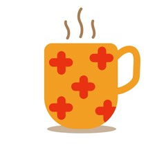 Hand drawn cozy cup for autumn evenings. Orange cup with red cross pattern on it. Autumn greeting card. Cartoon Vector illustration.