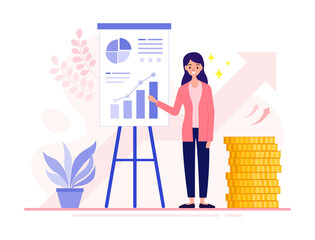 Financial analyst young business women presenting a new project including concepts charts and diagrams investment achievement report. Modern vector illustration.