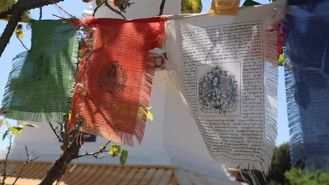 Lungta buddhist prayer flags fluttering in the wind